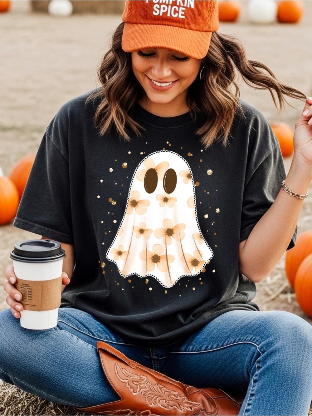Black Tee with Floral Ghost custom made to order you pick size of the tee shirt